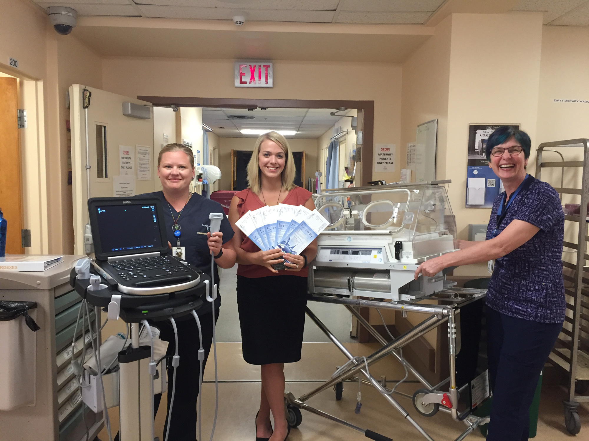 From left, Tricia Sinclair, Clinical Coordinator of the Campbell River Hospital’s Emergency Department, Carly Pisterzi of the Hospital Foundation, and Susie Shelswell, Clinical Coordinator-Maternity Department, urge supporters to buy their tickets for the Hospital Foundation lottery before they’re all gone.