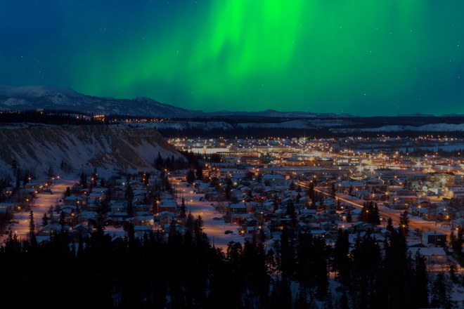 Aurora Borealis over downtown Whitehorse