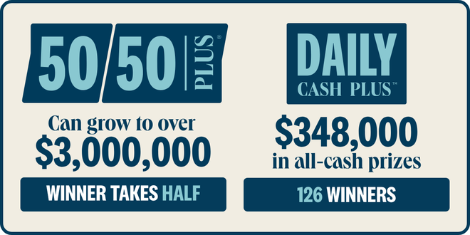 50/50 PLUS can grow to over $3,000,000 - Daily Cash PLUS $348,000 in all-cash prizes