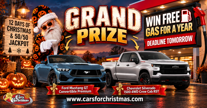 Bonus Draw deadline tomorrow - Grand Prize Mustang and Silverado - win free gas for a year